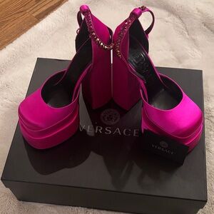 Versace Fuchsia Satin Platform Slingback Heels with Jewel Strap
